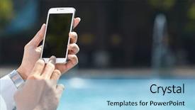  Presentation with pool side - Cool new presentation design with handphone - unrecognizable businessman using phone backdrop and a light blue colored foreground