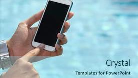  Presentation with pool side - Presentation theme having handphone - unrecognizable businessman using phone background and a light blue colored foreground