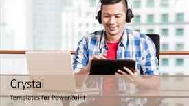  Presentation with video conference - Slides featuring handphone - young asian man having video background and a coral colored foreground