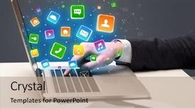  Presentation with application - Audience pleasing slides consisting of hands - businessman hand typing on laptop backdrop and a coral colored foreground