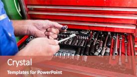  Presentation with auto - Presentation theme featuring automotive hands - close-up of auto mechanic's hand background and a coral colored foreground