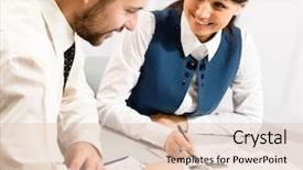  Presentation with people - Theme consisting of hands - portrait of business people sitting background and a  colored foreground