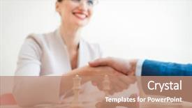  Presentation with shaking hands - Theme featuring hands after game of chess background and a coral colored foreground