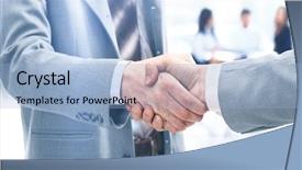  Presentation with businessmen overcome financial crisis - Slide deck with hands after signing a lucrative background and a light blue colored foreground