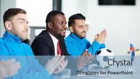  Presentation with football plays - Slide set having hands after speech at conference background and a light blue colored foreground