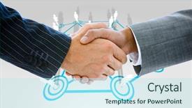  Presentation with shaking hands - Slide set featuring hands against lines linking character background and a  colored foreground