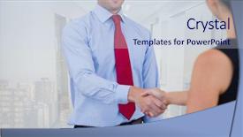  Presentation with abstract digital business interface - Slide deck enhanced with hands against office and city background and a sky blue colored foreground