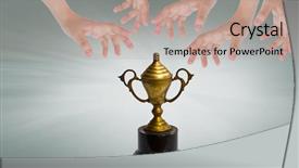  Presentation with award winner champion golden trophy - PPT layouts featuring hands and old golden trophy background and a  colored foreground