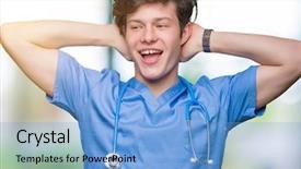  Presentation with medical smiling doctor - Presentation theme featuring hands behind head and neck background and a light blue colored foreground