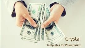  Presentation with hands saving - Presentation design consisting of hands counting us dollar money background and a  colored foreground