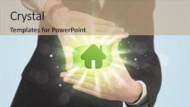  Presentation with green house - Amazing theme having hands creating a form with shining green house in the center backdrop and a coral colored foreground