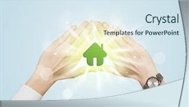  Presentation with green house - Cool new presentation theme with hands creating a form with shining green house in the center backdrop and a sky blue colored foreground