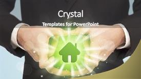  Presentation with green house - Cool new PPT theme with hands creating a form with shining green house in the center backdrop and a dark gray colored foreground