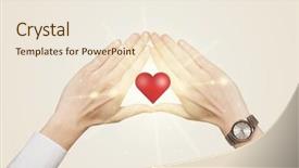  Presentation with shining - Beautiful PPT theme featuring hands creating a form with shining red heart in the center backdrop and a cream colored foreground