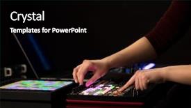 Presentation with music - Slide set featuring controllers - dj hand remixing music background and a  colored foreground