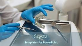  Presentation with dental laboratory - Slide deck consisting of hands dentist woman holding removable orthodontic teeth alignment and correction trainer appliance in dental clinic laboratory equipment medicine and science stomatology and healthcare concept background and a ocean colored foreground