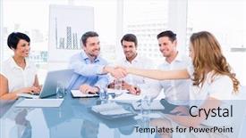  Presentation with hand shake law office - Slide deck having hands during a business meeting background and a light blue colored foreground