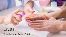  Presentation with elderly care helping hands - PPT theme enhanced with hands during manicure care session background and a soft green colored foreground