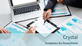  Presentation with paperwork - Audience pleasing PPT theme consisting of hands during paperwork at meeting backdrop and a sky blue colored foreground