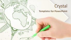  Presentation with people hold hand around globe - Cool new PPT theme with hands earth - hand drawing vacation trip backdrop and a cream colored foreground