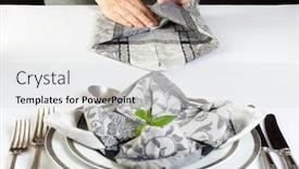  Presentation with decorate - PPT layouts with hands folding napkins to decorate the dinner table background and a light gray colored foreground