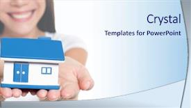  Presentation with banner blue - Theme enhanced with hands for home insurance protection background and a sky blue colored foreground