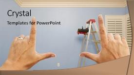  Presentation with paint bucket - Presentation theme with hands framing blue painted room background and a soft green colored foreground