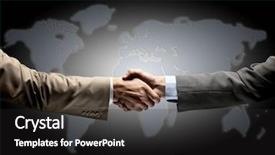  Presentation with world map - Colorful PPT layouts enhanced with hands globe - handshake with map backdrop and a dark gray colored foreground
