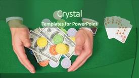  Presentation with poker chips - Beautiful presentation theme featuring hands grabbing dollars and chips from table beside royal flush in poker game backdrop and a ocean colored foreground