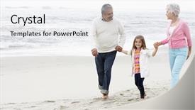  Presentation with grandparents - Colorful presentation design enhanced with hands grandmother grandchild - grandparents walking along beach backdrop and a white colored foreground