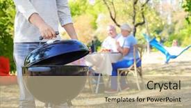  Presentation with grill - Slide set enhanced with hands grandmother grandchild - man cooking on barbecue grill background and a  colored foreground