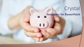  Presentation with thrift - Audience pleasing slide set consisting of hands-hold-a-pink-piggy backdrop and a sky blue colored foreground