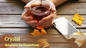  Presentation with tea pouring into glass transparent - Colorful theme enhanced with hands hold glass cup backdrop and a tawny brown colored foreground