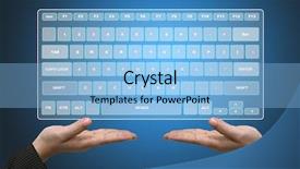  Presentation with virtual keyboard - Amazing PPT layouts having hands hold technology virtual keyboard backdrop and a light blue colored foreground