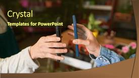  Presentation with data transfer - Theme consisting of hands-hold-two-smartphones-close background and a wine colored foreground