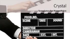  Presentation with movie - Colorful slide set enhanced with hands holding a movie clapperboard backdrop and a light gray colored foreground