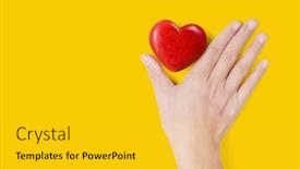  Presentation with heart health - Audience pleasing PPT theme consisting of hands holding a red heart heart health and donation concepts backdrop and a gold colored foreground