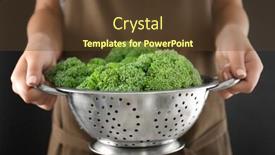  Presentation with fresh green broccoli - Cool new presentation with hands holding colander with fresh green broccoli close-up backdrop and a tawny brown colored foreground