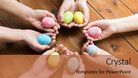  Presentation with holding people in hands - Audience pleasing PPT theme consisting of hands holding colored easter eggs backdrop and a coral colored foreground