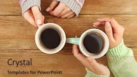  Presentation with coffee - Amazing PPT theme having cafe rencontre - female hands holding cups backdrop and a coral colored foreground