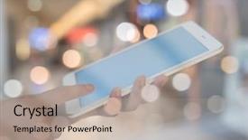  Presentation with market - Amazing PPT theme having hands holding departmetns - using smartphone in a market backdrop and a mint green colored foreground