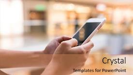  Presentation with working - Slide deck featuring hands holding departmetns - woman working on cellphone background and a  colored foreground