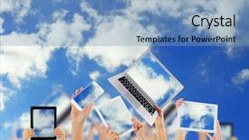 Presentation with cloud computing - Colorful presentation design enhanced with hands holding electronic gadgets with sky on screens cloud computing concept backdrop and a light blue colored foreground