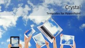  Presentation with cloud computing - Beautiful theme featuring hands holding electronic gadgets with sky on screens cloud computing concept backdrop and a light blue colored foreground