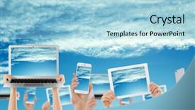  Presentation with cloud computing - PPT theme featuring hands holding electronic gadgets with sky on screens cloud computing concept background and a light blue colored foreground