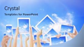 Presentation with cloud computing - PPT theme enhanced with hands holding electronic gadgets with sky on screens cloud computing concept background and a light blue colored foreground