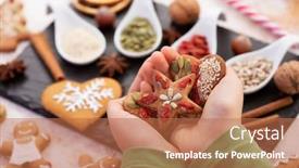  Presentation with christmas holiday gingerbread - Amazing PPT theme having hands-holding-gingerbread-cookies-decorated backdrop and a coral colored foreground