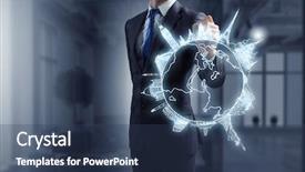  Presentation with world - Presentation featuring hands holding globe - world mixed media background and a ocean colored foreground