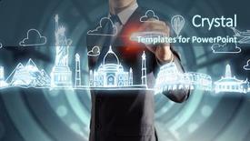  Presentation with annual day around the world - Slides having hands holding globe - world mixed media background and a ocean colored foreground