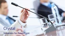  Presentation with cross and holding hands - PPT theme consisting of hands holding microphone at conference background and a sky blue colored foreground